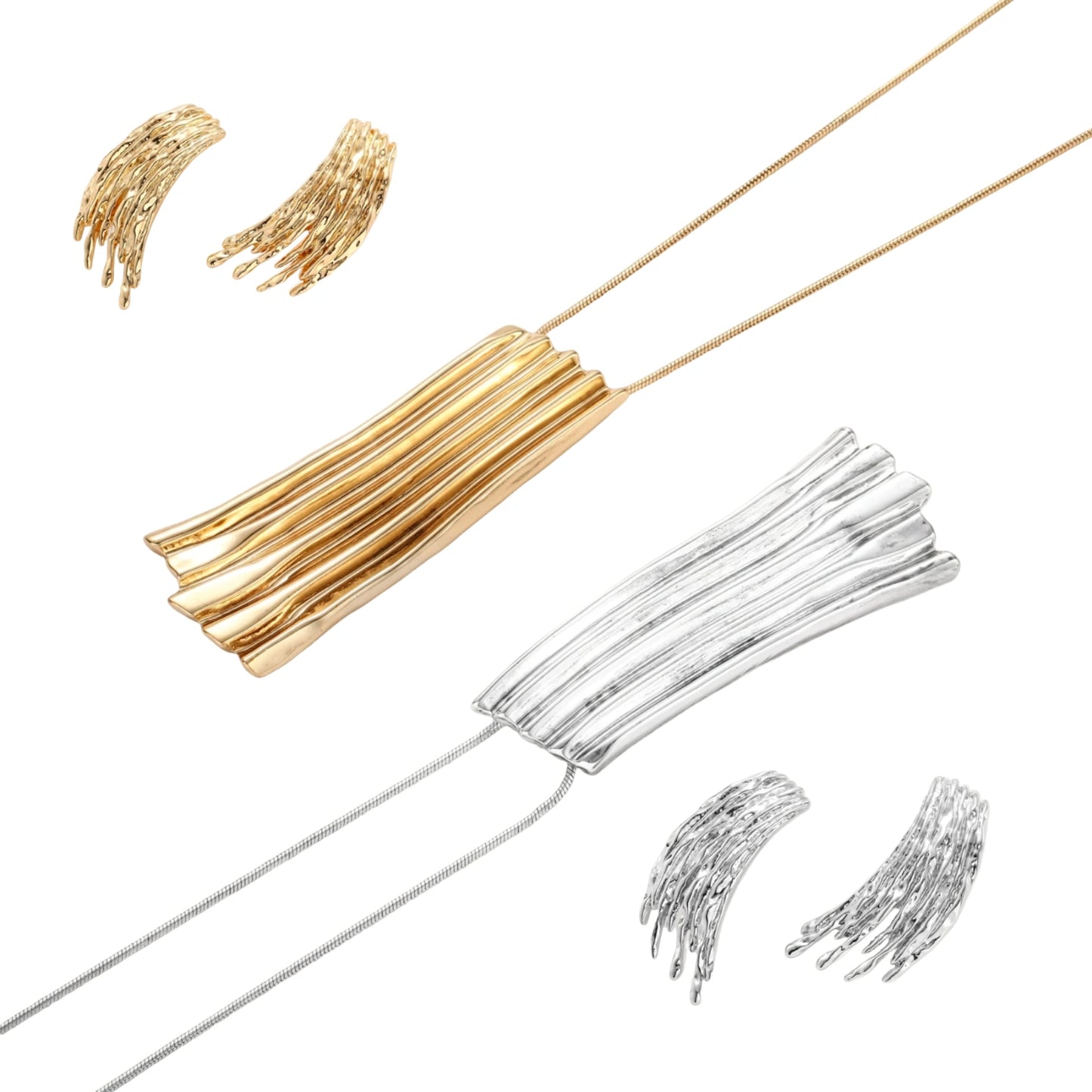 Gold-toned cascade jewelry set with flowing textured strands, featuring drop earrings and matching pendant necklace