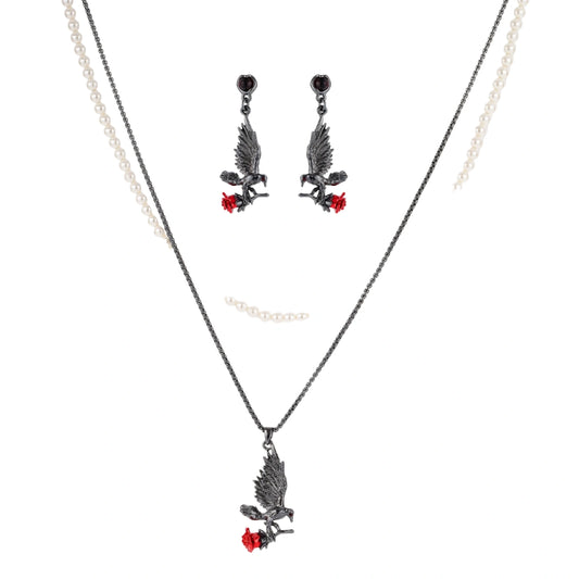 Dark gunmetal jewelry set featuring detailed raven pendants carrying red enamel roses with layered pearl and chain necklaces