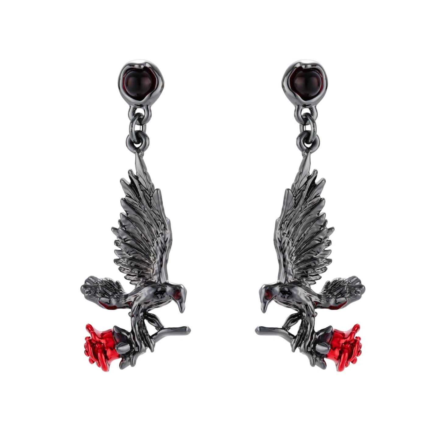 Dark gunmetal jewelry set featuring detailed raven pendants carrying red enamel roses with layered pearl and chain necklaces