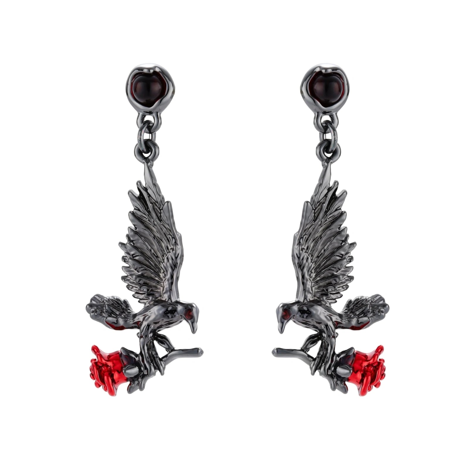Dark gunmetal jewelry set featuring detailed raven pendants carrying red enamel roses with layered pearl and chain necklaces