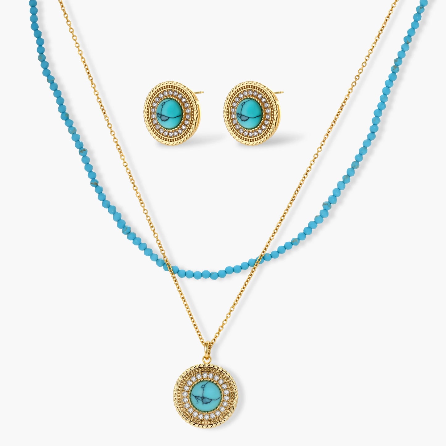 Gold-plated turquoise jewelry set with circular medallion pendant, beaded necklace, and matching stud earrings on white background