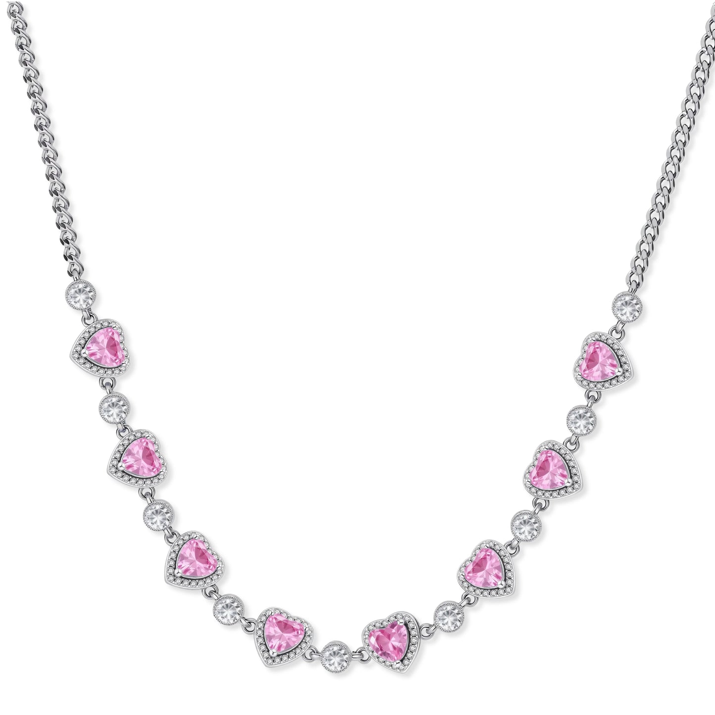 Pink heart-shaped cubic zirconia jewelry set with white gold plating featuring necklace, earrings, bracelet and ring