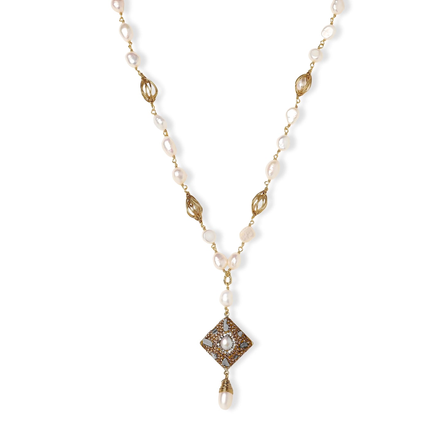 Y-shaped necklace with freshwater pearls, gold filigree stations, and ornate diamond-shaped centerpiece with pearl drop