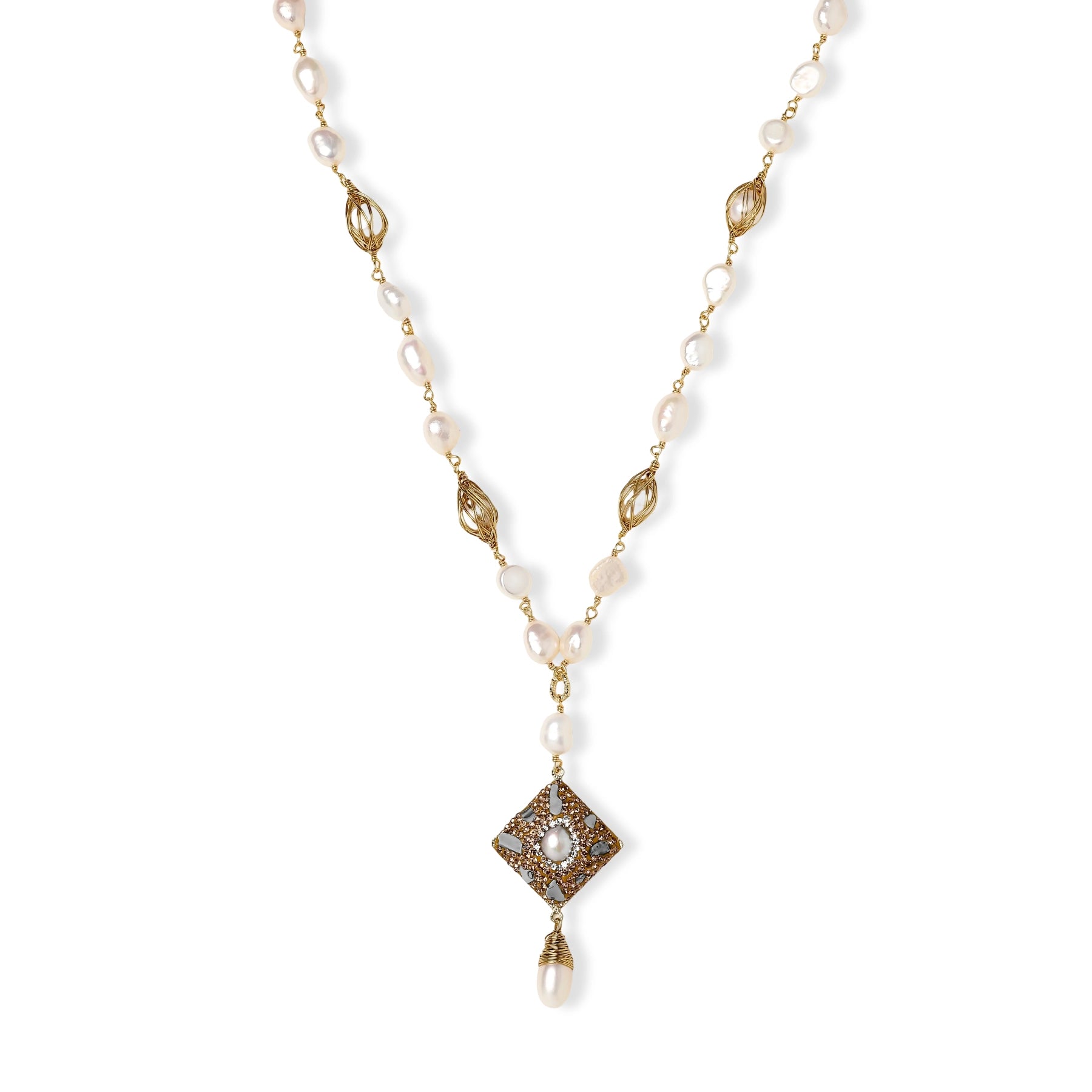 Y-shaped necklace with freshwater pearls, gold filigree stations, and ornate diamond-shaped centerpiece with pearl drop