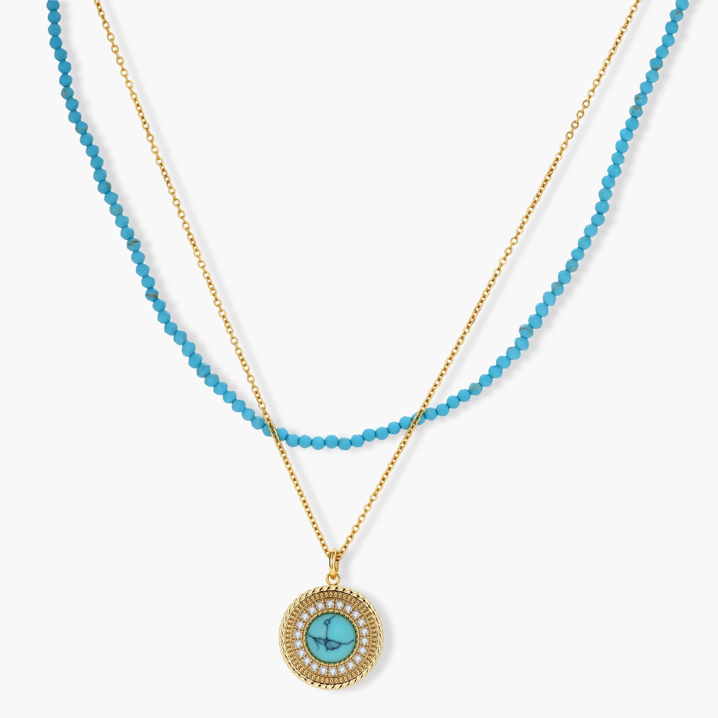 Gold-plated turquoise jewelry set with circular medallion pendant, beaded necklace, and matching stud earrings on white background