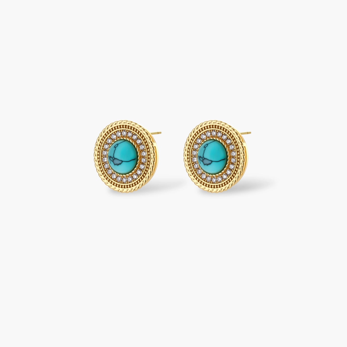 Gold-plated turquoise jewelry set with circular medallion pendant, beaded necklace, and matching stud earrings on white background