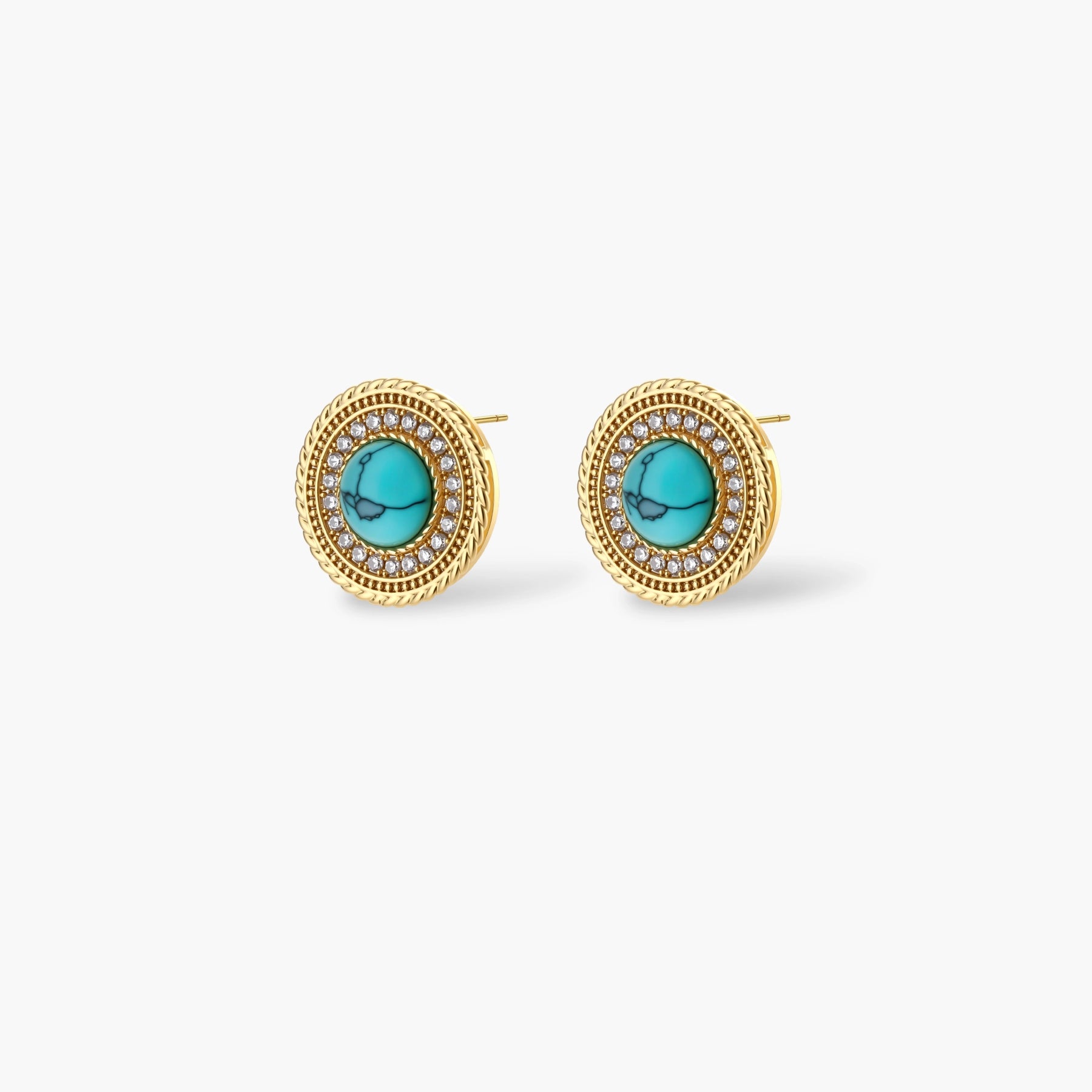 Gold-plated turquoise jewelry set with circular medallion pendant, beaded necklace, and matching stud earrings on white background