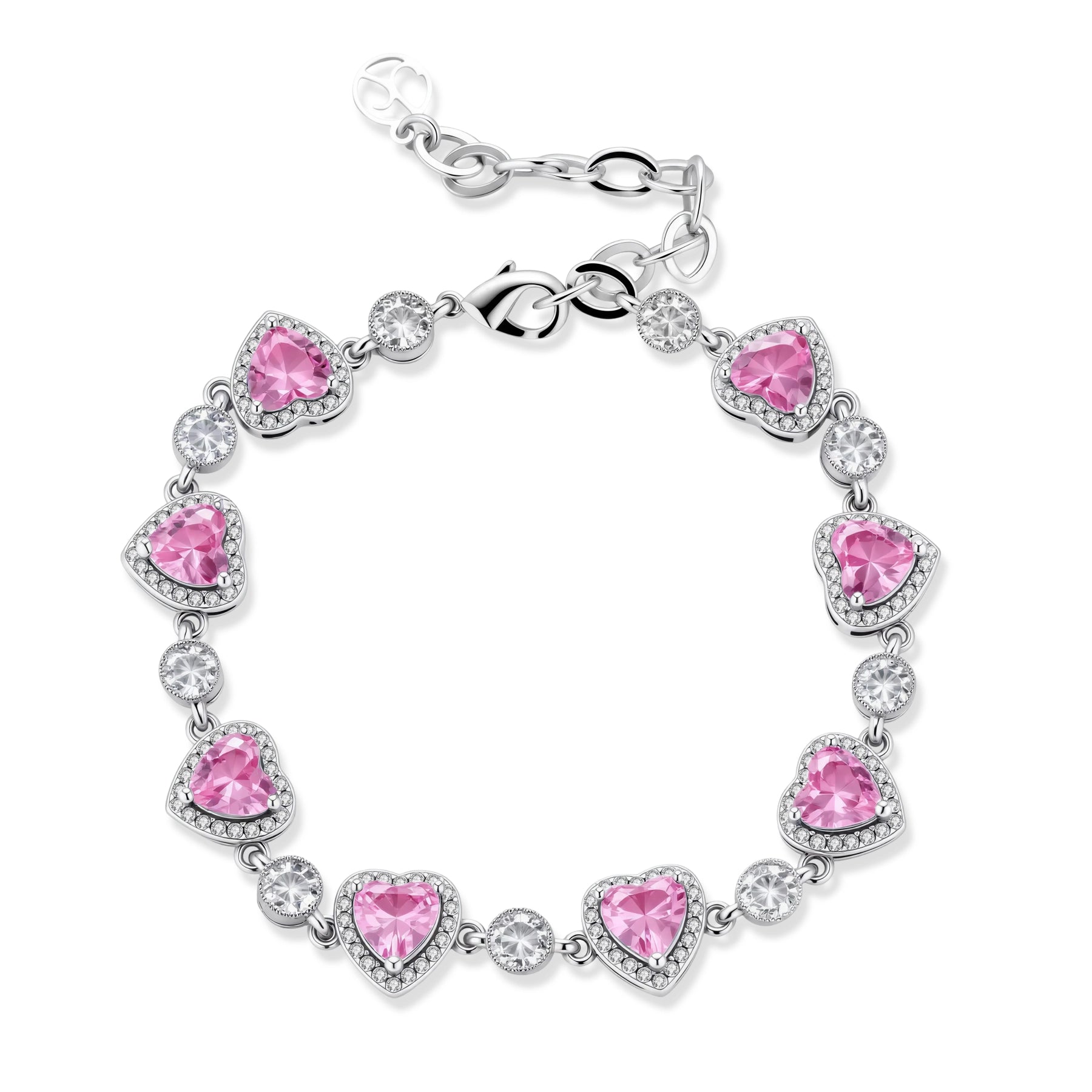 Pink heart-shaped cubic zirconia jewelry set with white gold plating featuring necklace, earrings, bracelet and ring